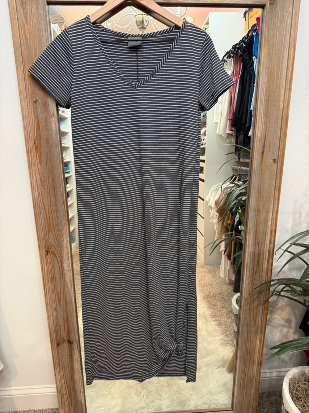 Navy & White Striped V-Neck Maxi Dress
